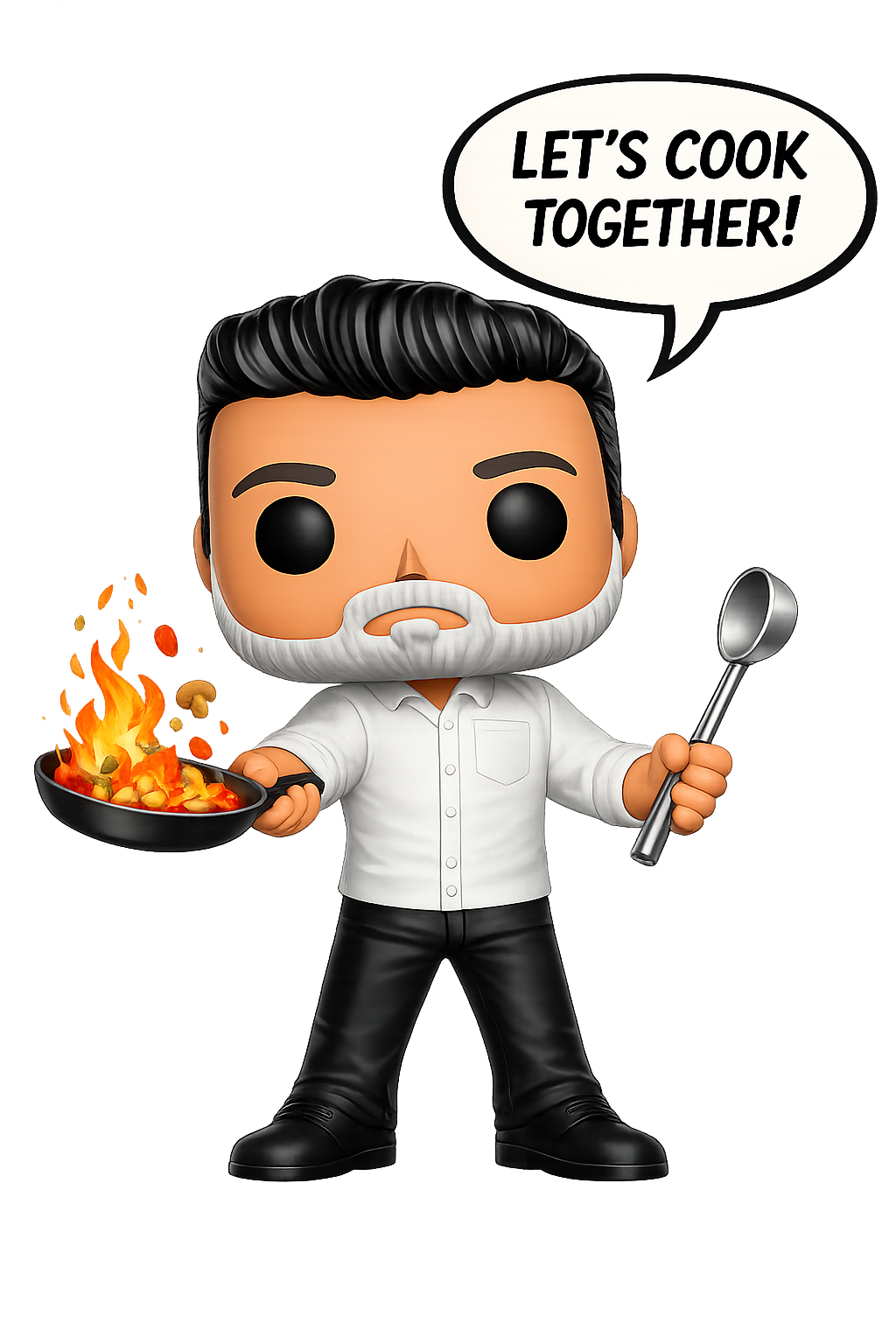 3D personal chef collectible figure cooking with a flaming pan and spoon, professional fine dining recipe tips and culinary secrets branding.