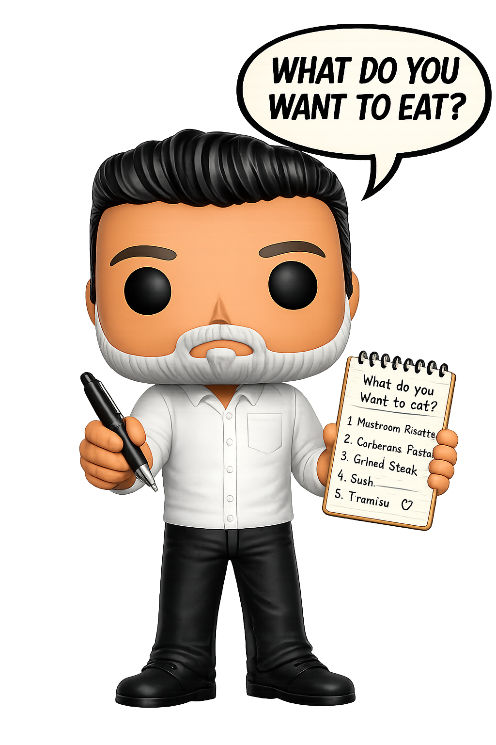 Custom personal chef 3D mascot holding a menu notepad with a speech bubble, elegant private dining catering portfolio for villas and luxury yachts.