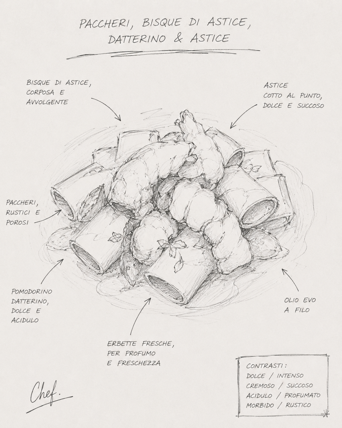 Step-by-step culinary step sketch for cooking luxury lobster paccheri pasta, fine dining signature recipe guide by personal chef.