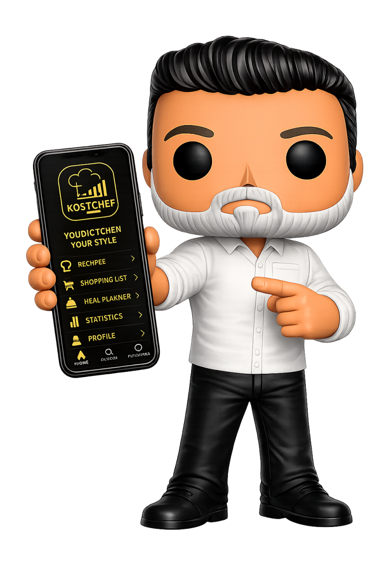 Custom 3D personal chef mascot holding a smartphone displaying a premium kitchen management application, high-end private dining branding for culinary cost control and recipe optimization.