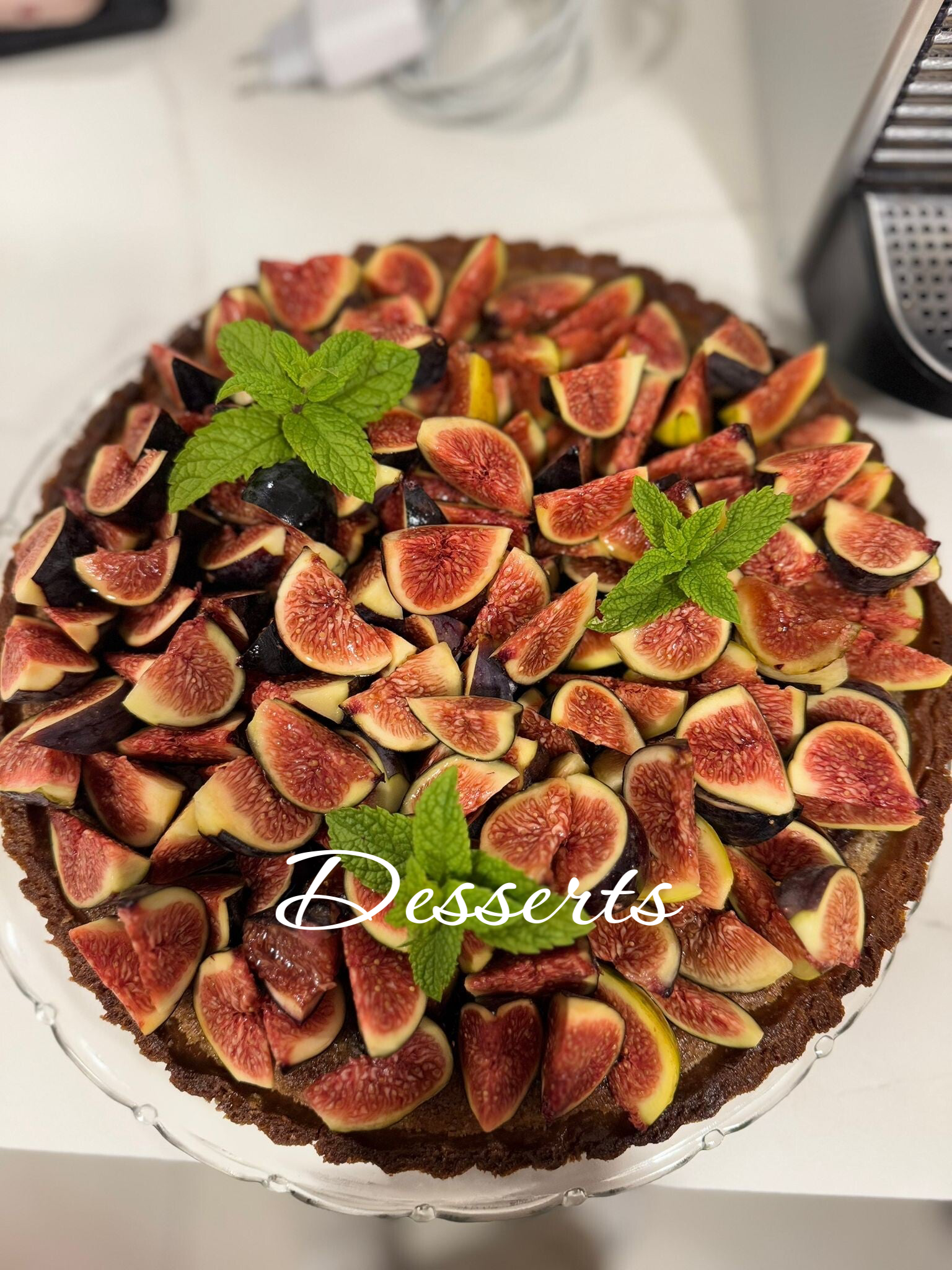 Artisanal fresh fig and mint tart, sophisticated deconstructed dessert creation by professional personal chef.