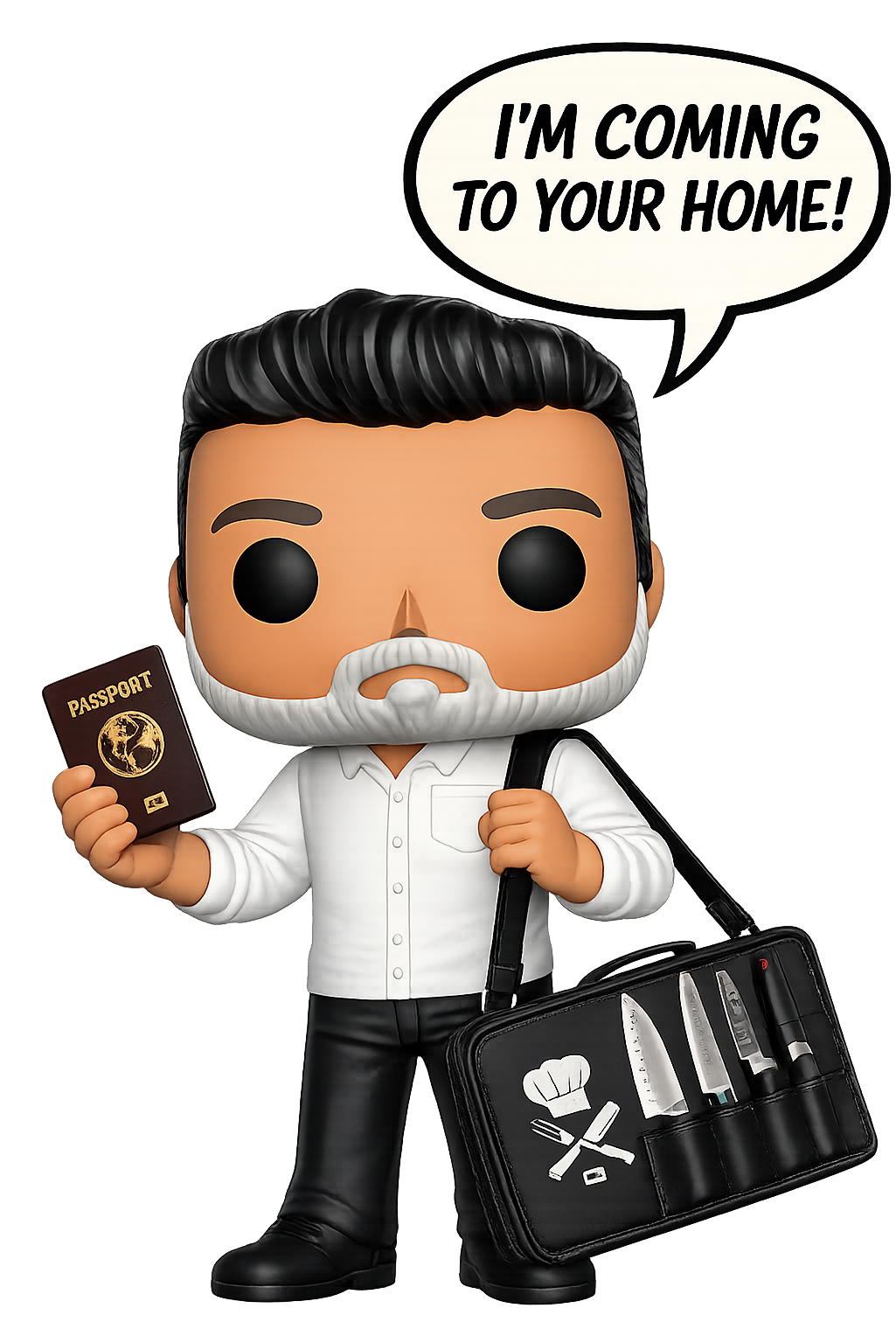 Collectible chef figure with luxury travel accessories and professional kitchen tools, corporate brand character representing high-end residential private chef services.