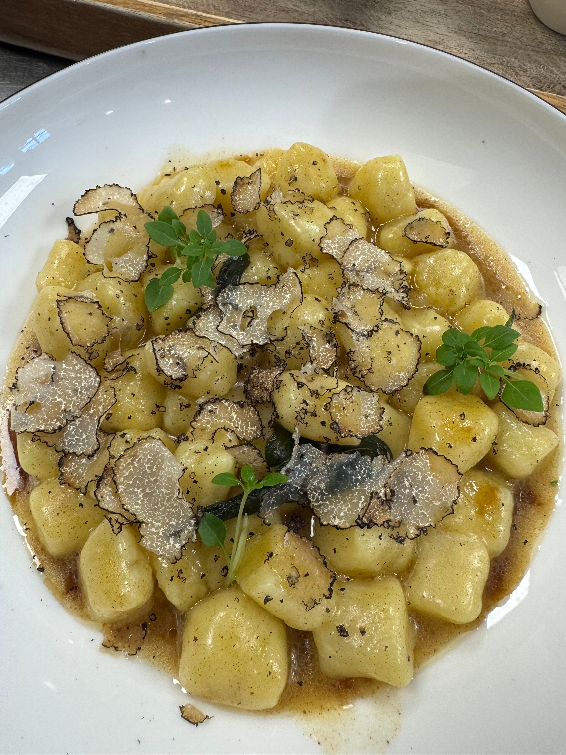 Handmade potato gnocchi with fresh black truffle shavings, fine dining Italian cuisine by Chef Daniele Negri.