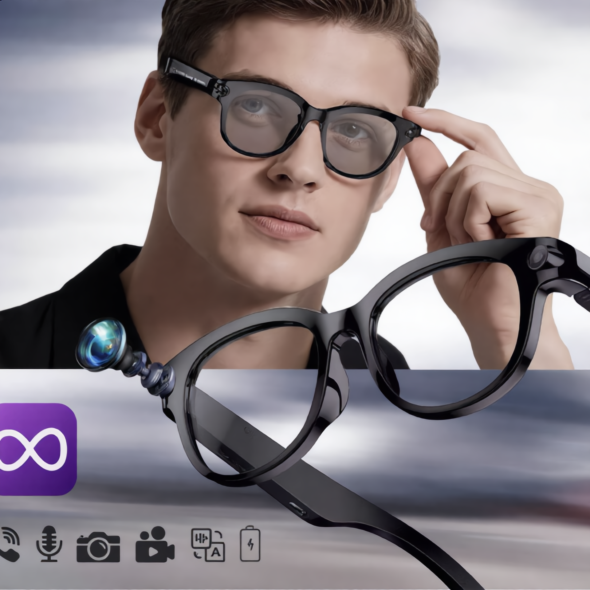 Gafas con Cámara de 8MP y Traductor IA, Traducción en Tiempo Real en Más de 30 Idiomas, Larga Duración de Batería, Grabación de Video
