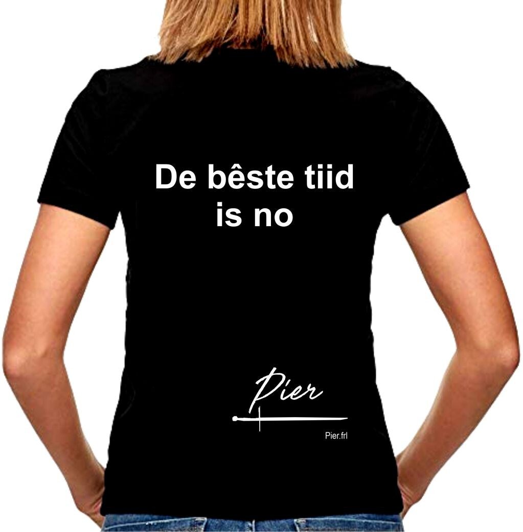 Zwart dames Tshirt maat S, Frysk: 'De bêste tiid is no'