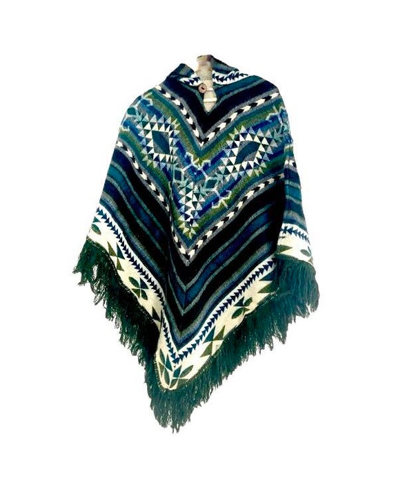 Poncho | Olijf Blauw | Alpaca wol | Native patroon
