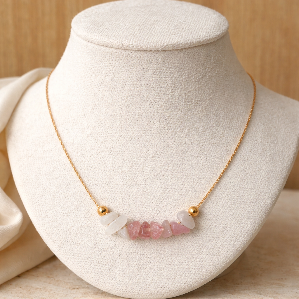 Collier pierres véritables, lepidolite, quartz fraise et pierre de lune