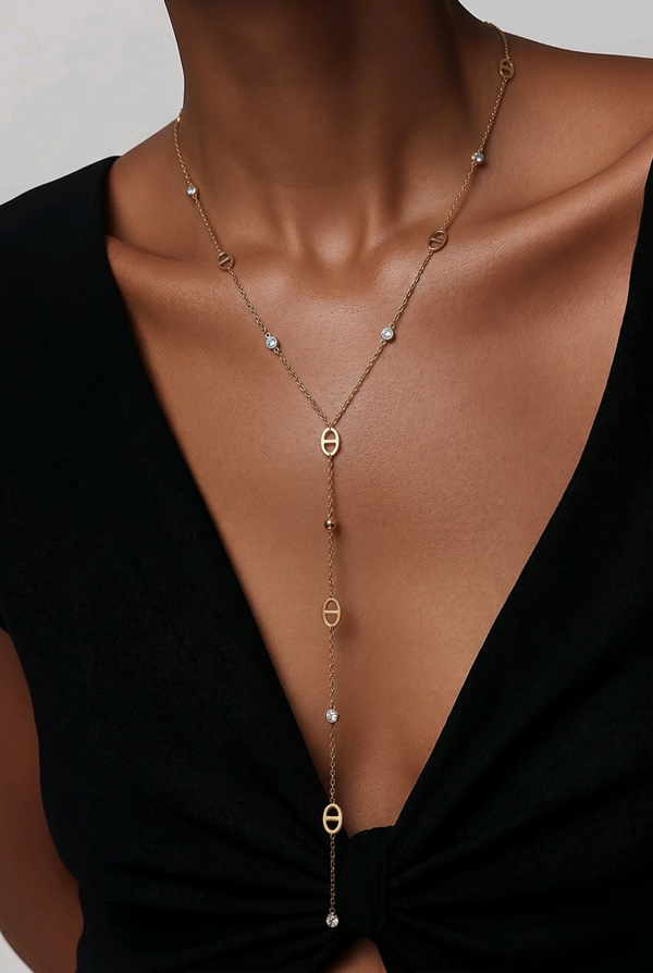 Collier maille marine + strass en Y