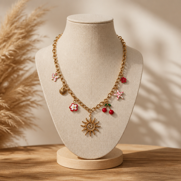 Collier breloques rouge doré