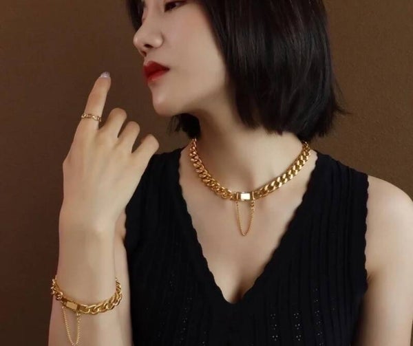 COMPLETO COLLANA  E BRACCIALE ACCIAIO INOX LAMINATO 18K