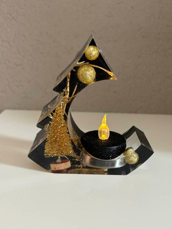 Theelichthouder Kerstboom zwart/goud