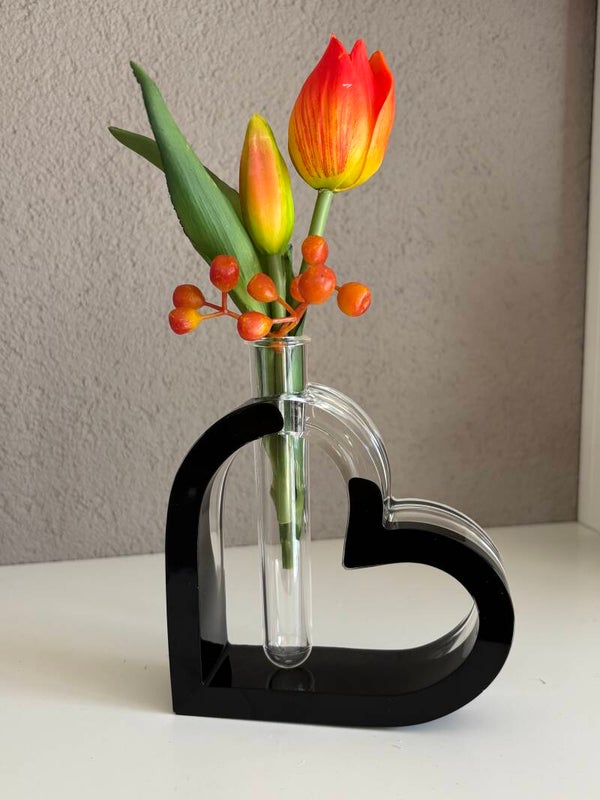 Vaashouder hart met vaasje in zwart/transparant