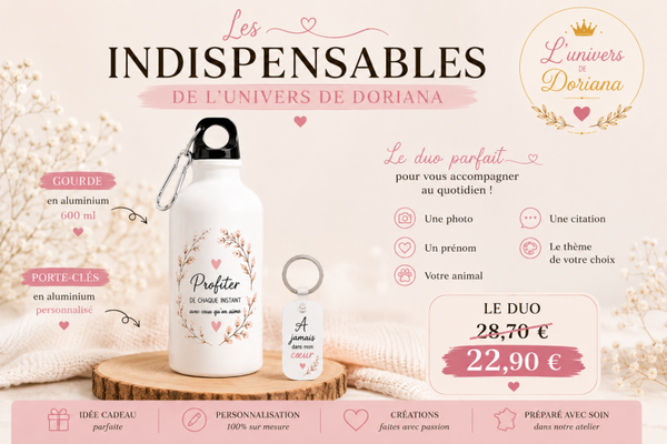 🌸 Les Indispensables – Gourde & Porte-clés personnalisés   🎁 Économisez 5,80 € en choisissant le coffret “Les Indispensables” plutôt que les produits achetés séparément. 🌸