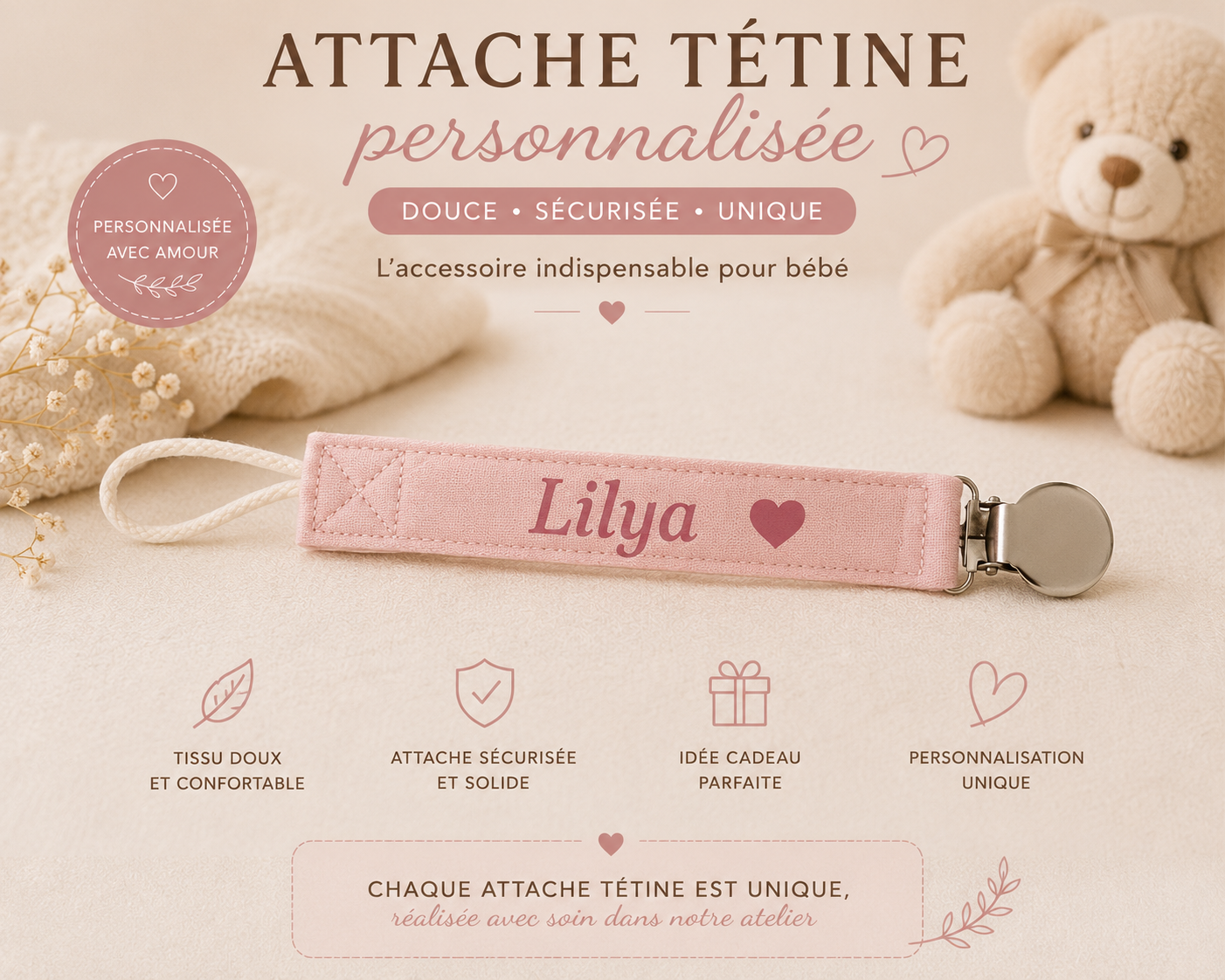 Attache tétine personnalisée en tissu
