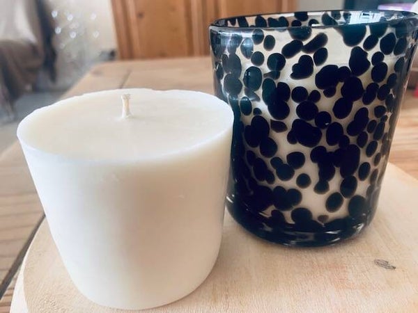 kaars in zwarte glazen pot, dalmatier print + navulling