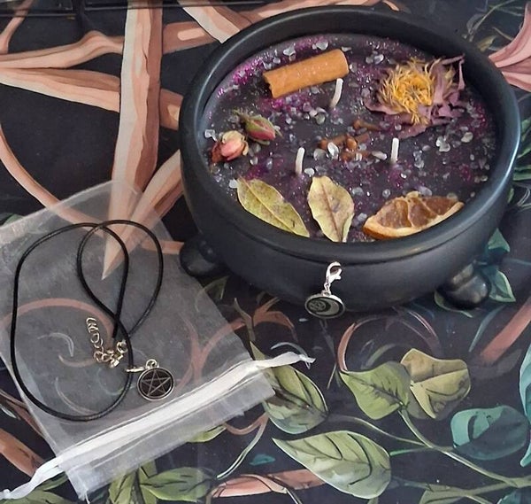 Limited Edition Witches New Year Cauldron Candle With Pentacle Talisman necklace