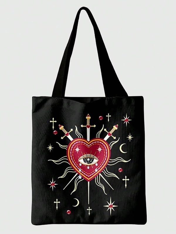 Crying Eye, Heart Sword Pattern Canvas Tote Bag