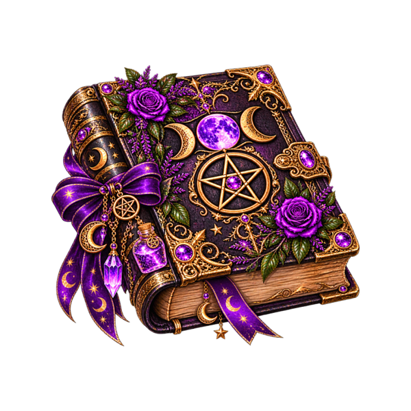 Enchanted Purple Grimoire with charms