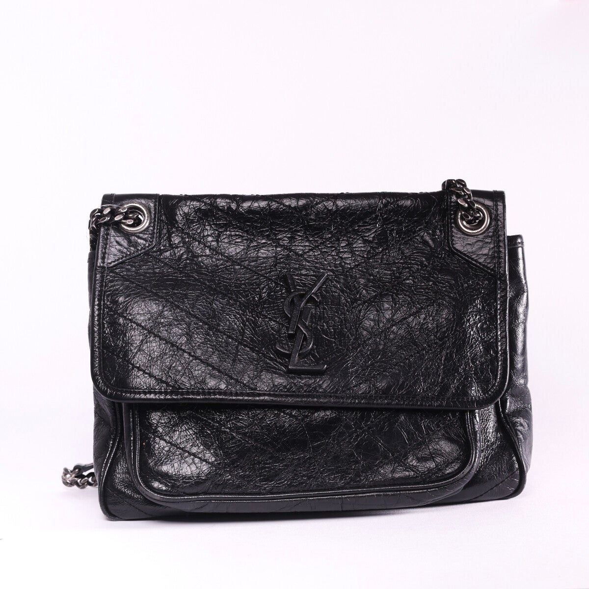 YSL Niki chain shoulder bag in black crinkled leather