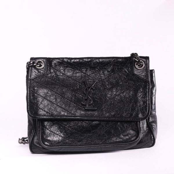 YSL Niki chain shoulder bag in black crinkled leather