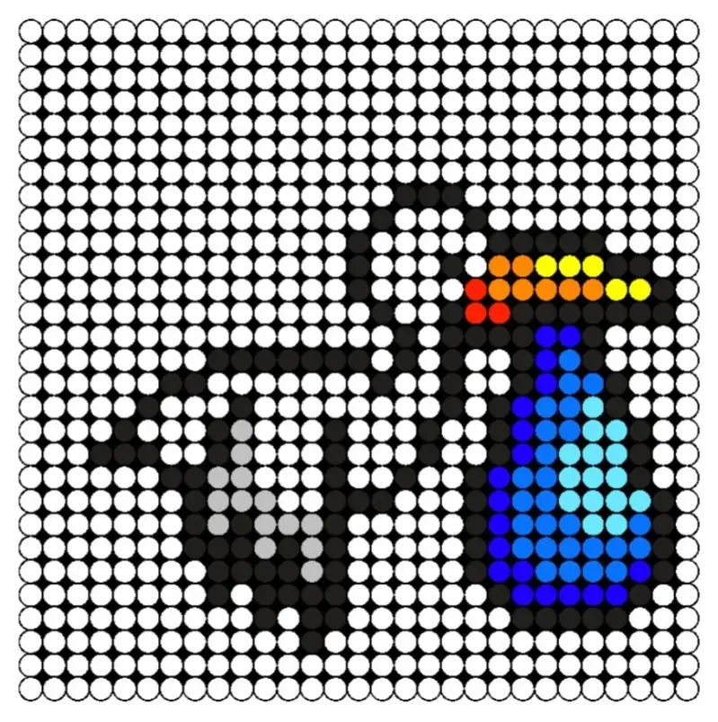 Een strijkkralen voorbeeld en patroon van een ooievaar die een baby brengt