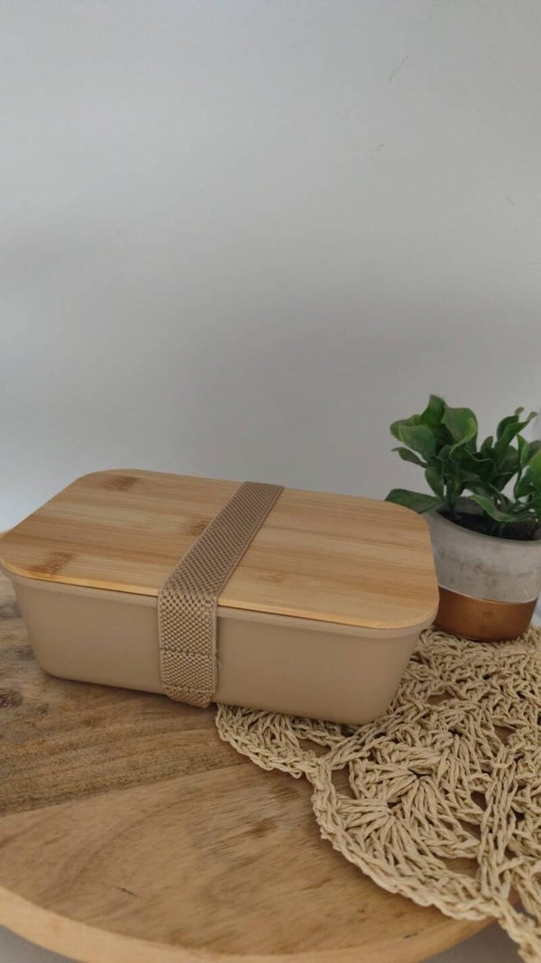 Lunch box met houten deksel licht bruin