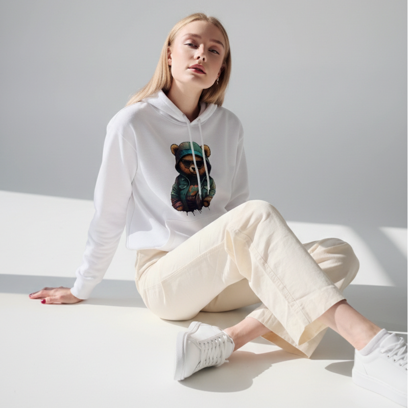 White Hoodie with Cool Bear Design!