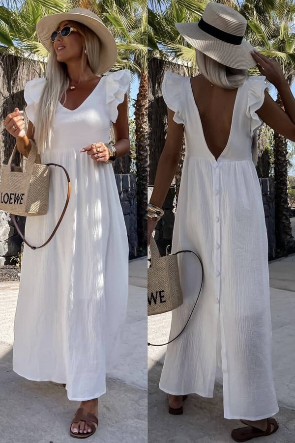 Robe longue bohème chic manche à volant dos boutonné