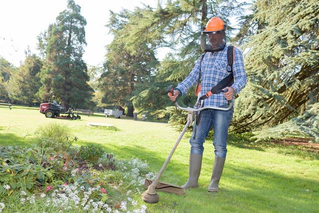workman mowing a lawn in a dallas woodded garden