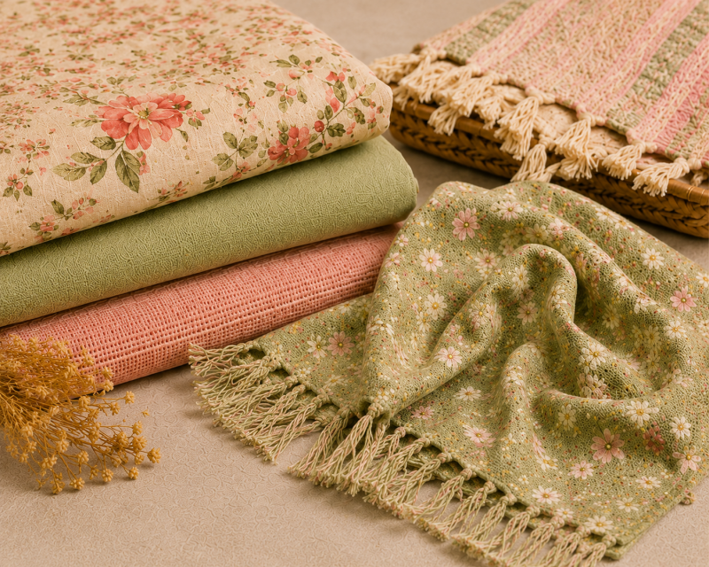 Textile blankets being displayed