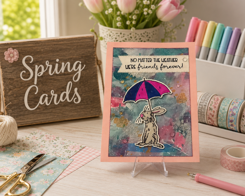 cheery spring card the a bunny holding an umbrella