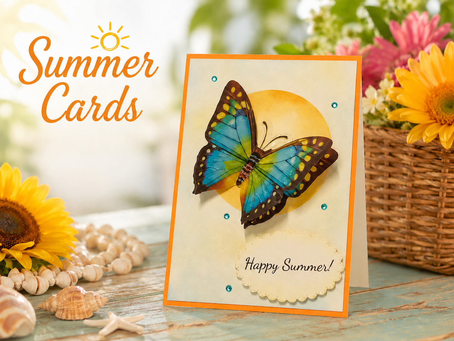 vibrant summer card with a large blue butter out in the sun