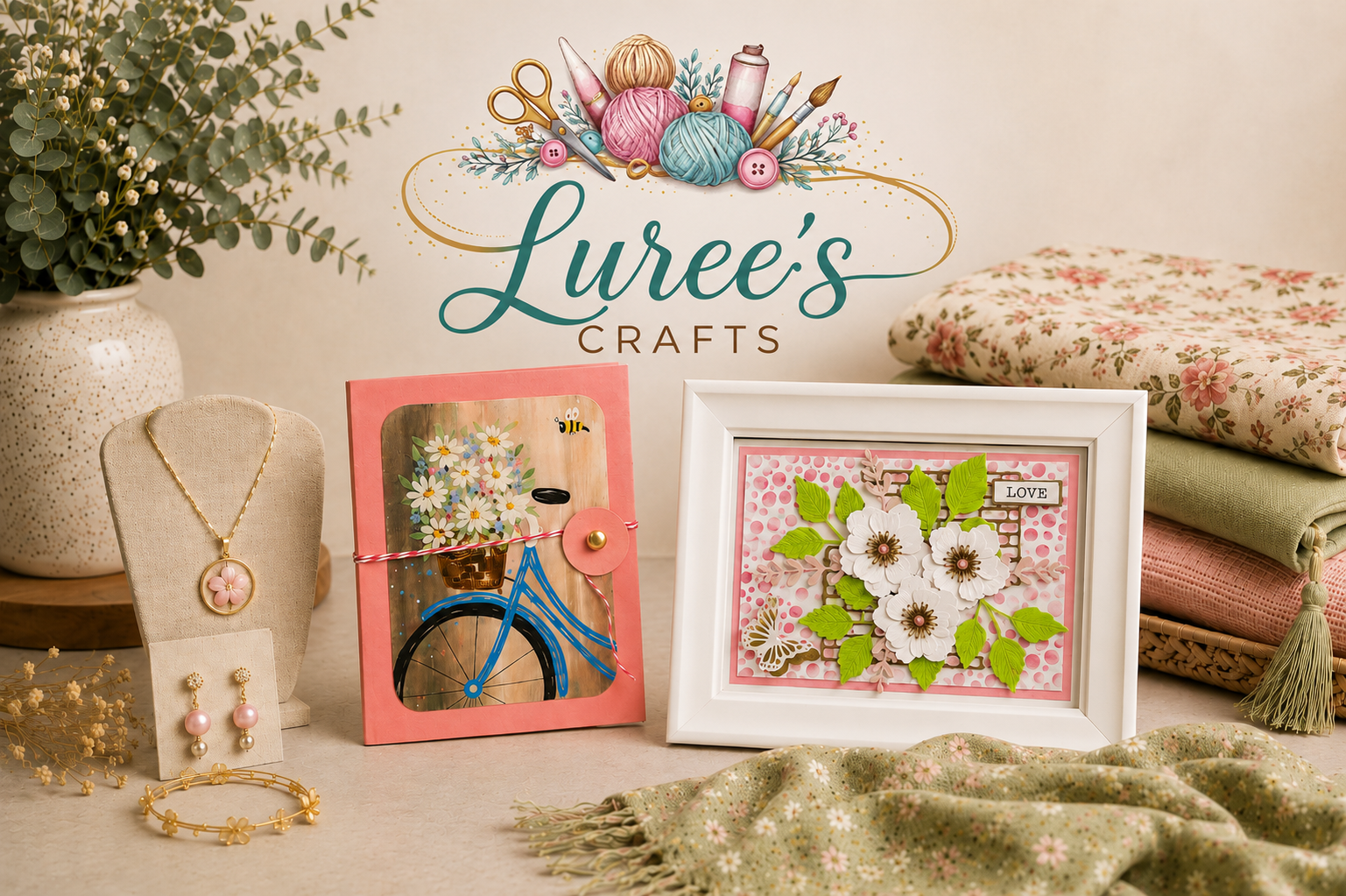Luree's Crafts products of cards, jewelry, journals and textiles