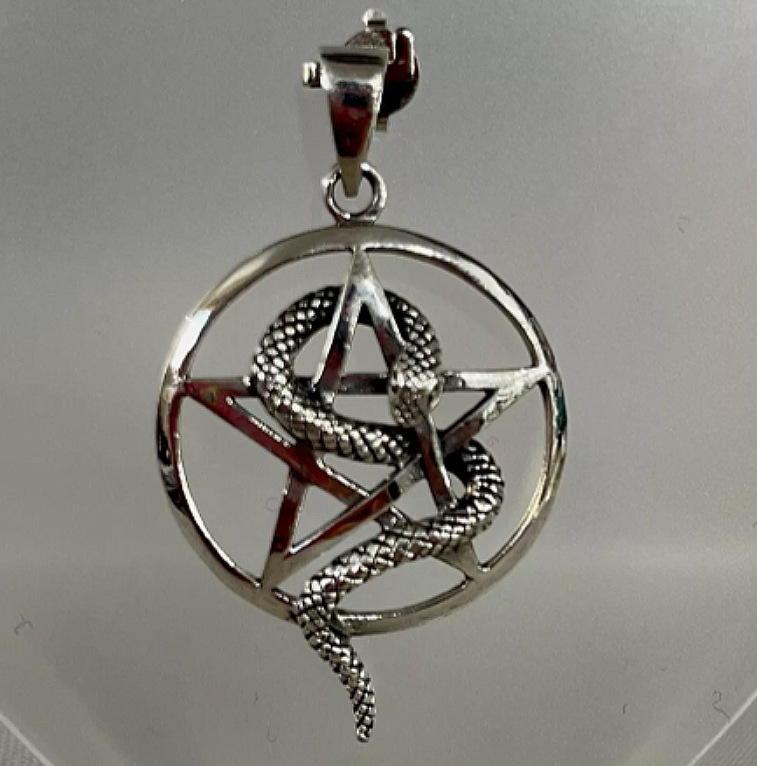 Pentagram In Circle With Snake Pendant 925 Sterling Silver