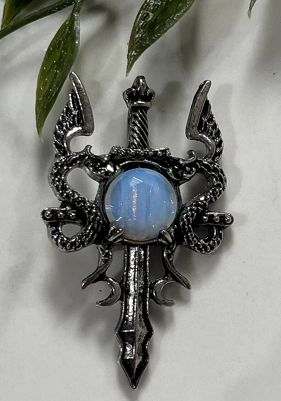 Opalite Gemstone Sword 2 Dragons Pendant