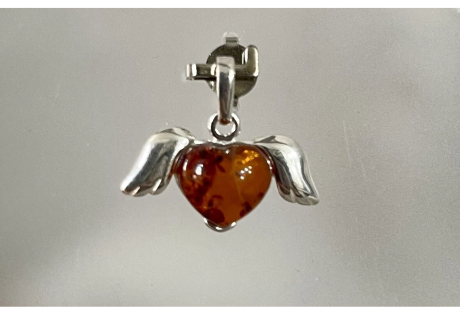 Cognac Baltic Amber Angel Wing 1.1grams Gemstone Pendant 925 Sterling Silver