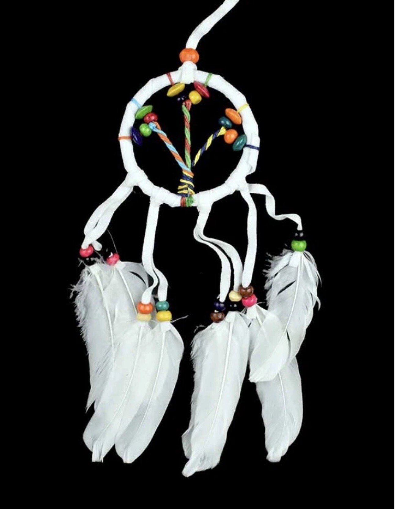 Dream Catcher Tree White Ring With Rainbow Beads & Feathers small