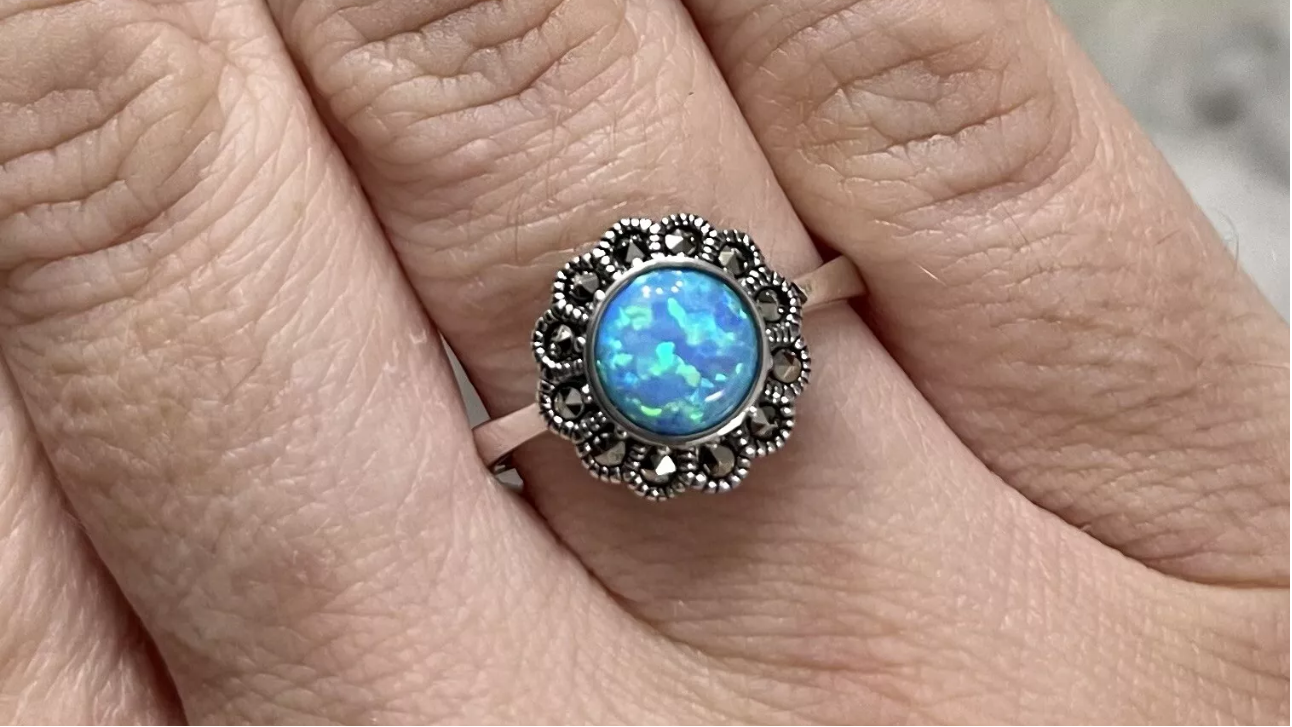Blue Fire Opal Round Marcasite Gemstone Ring 925 Sterling Silver Size P
