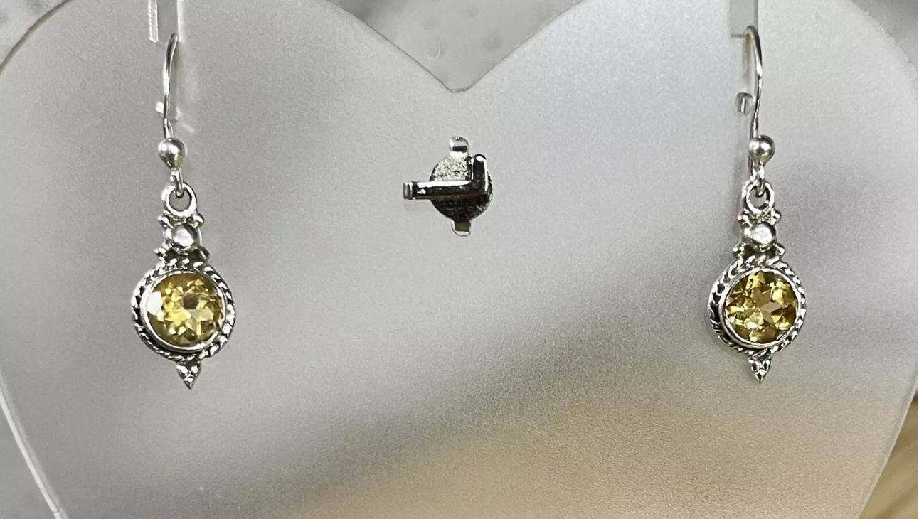 Citrine Round Gemstone Drop Earrings Sterling Silver 925