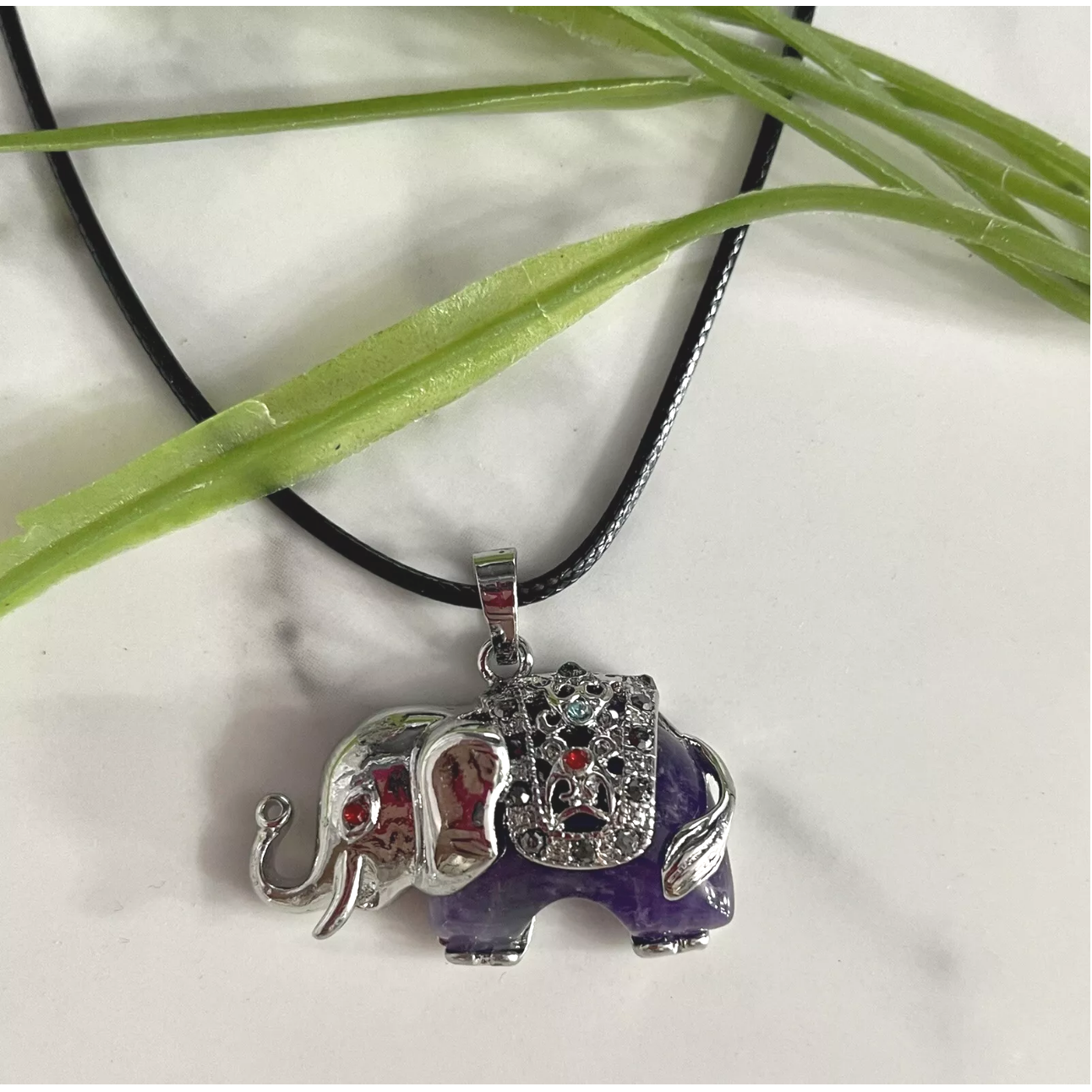 Amethyst Elephant gemstone Pendant With Jewels waxed cord necklace