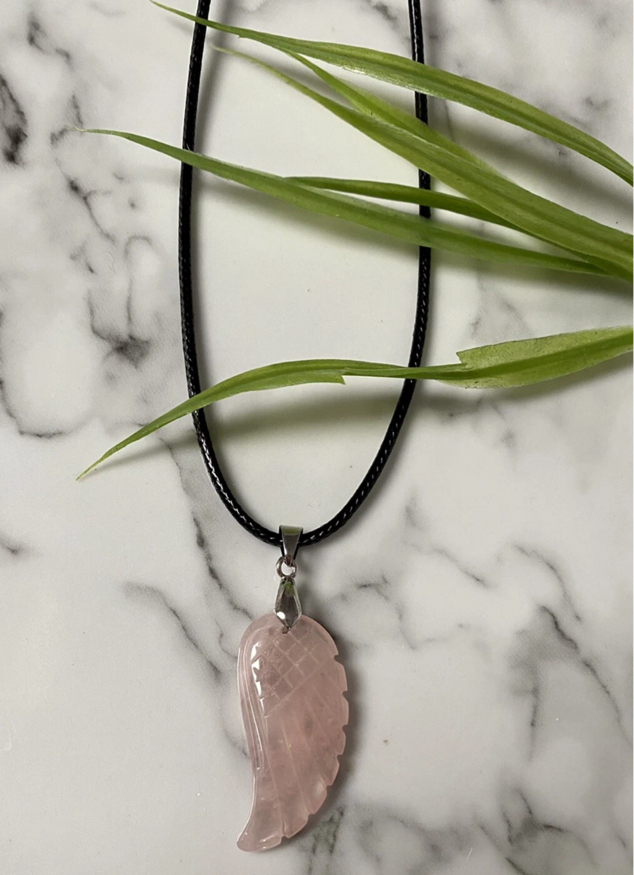Rose Quartz Angel Wing Pendant Waxed Cord Necklace