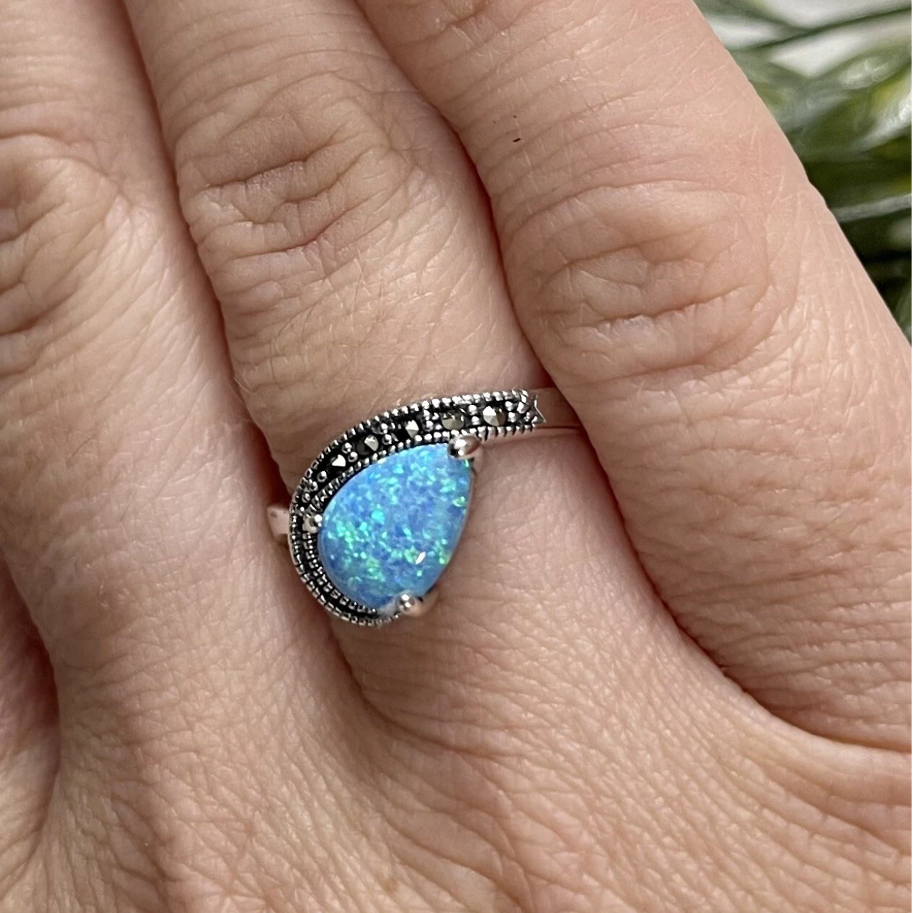 Blue Fire Opal Marcasite Gemstone Ring 925 Sterling Silver Size P Crystal