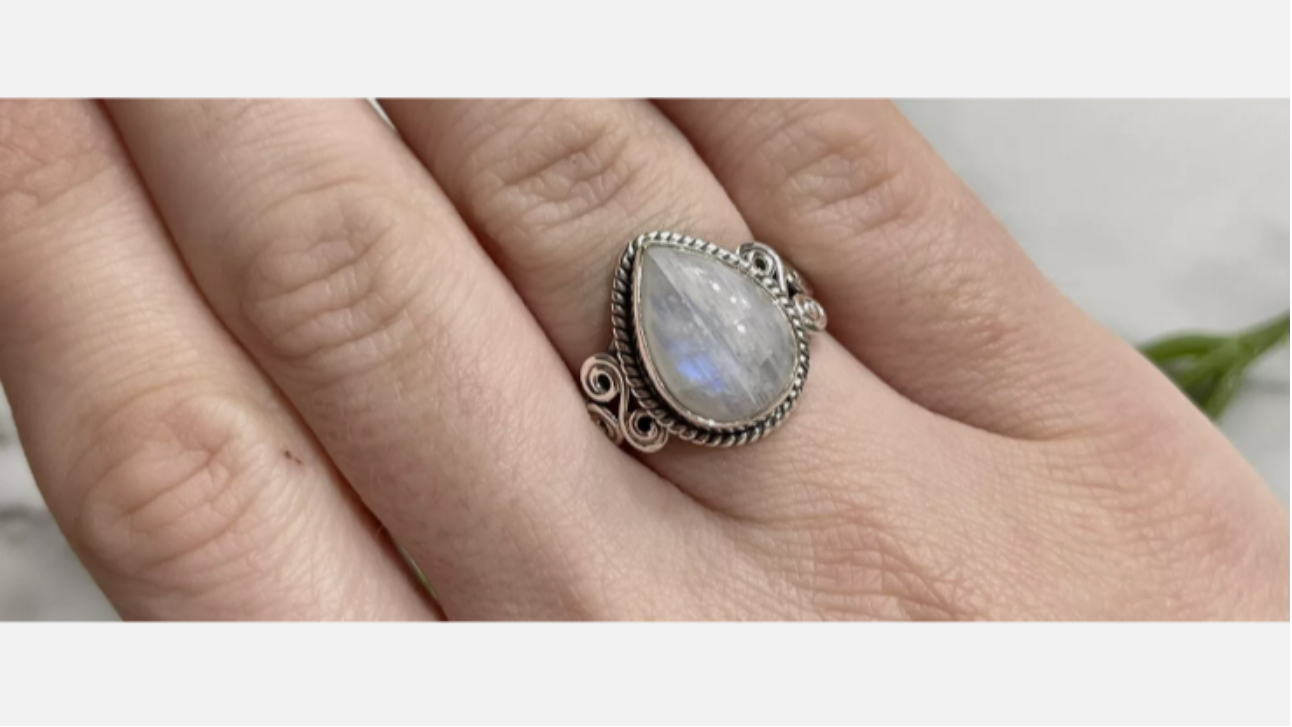 Rainbow Moonstone Drop Swirl Gemstone 925 Sterling Silver Ring Size P Crystal