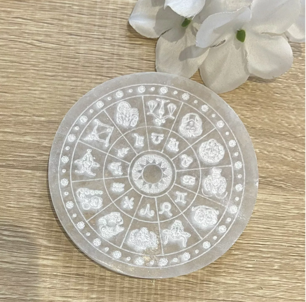 Selenite Round 10cm Zodiac Charging Plate Cleansing Gemstone Crystal Meditation
