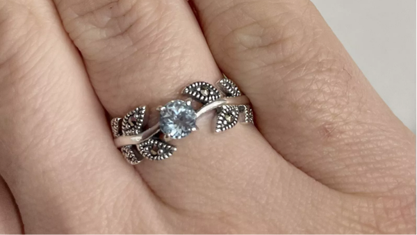 Sterling Silver Marcasite Blue Topaz Ring With Leaf Gemstone 925 Size R Blue