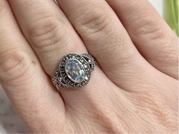 Sterling Silver Marcasite Blue Topaz Ring Leaf On Shoulders size P