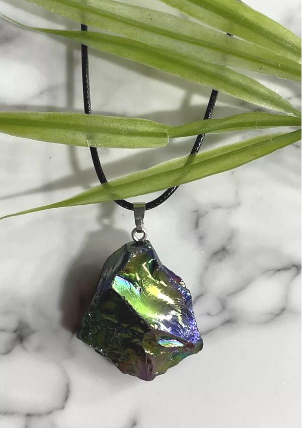 Rainbow Aura Quartz Rough Pendant Gemstone On cord Necklace