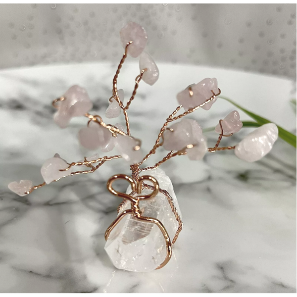 Rose Quartz Chip Gemstone Mini Tree with Quartz Point Crystal