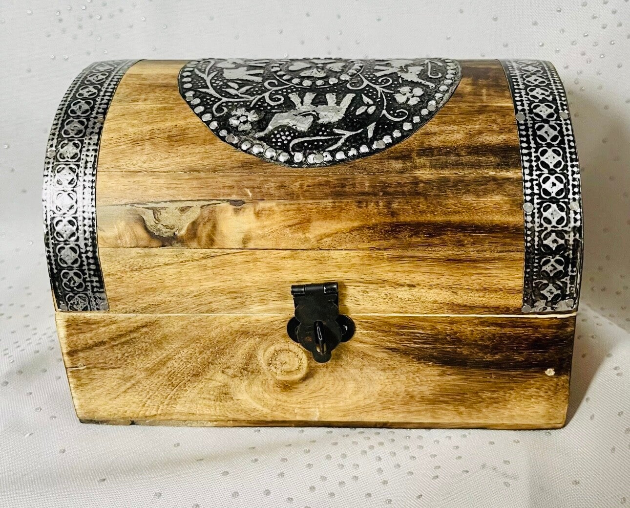 Carved Wooden Elephant Chest Box Metal Detail Engraved  6” X 4”