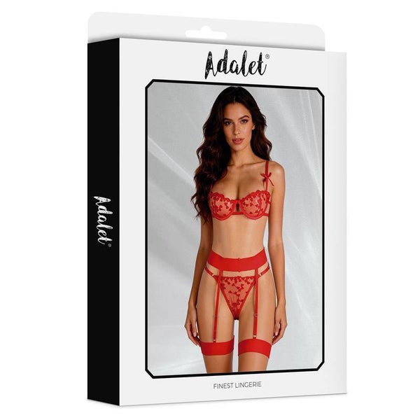 ADALET LINGERIE Yvonne Set Sujetador, Tanga y Liguero con Corazones Rojo